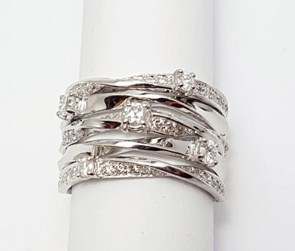 14K Solid White Gold Entwined Multi Layered Diamond Wide Ring