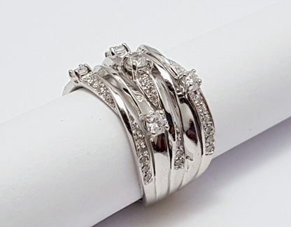 14K Solid White Gold Entwined Multi Layered Diamond Wide Ring