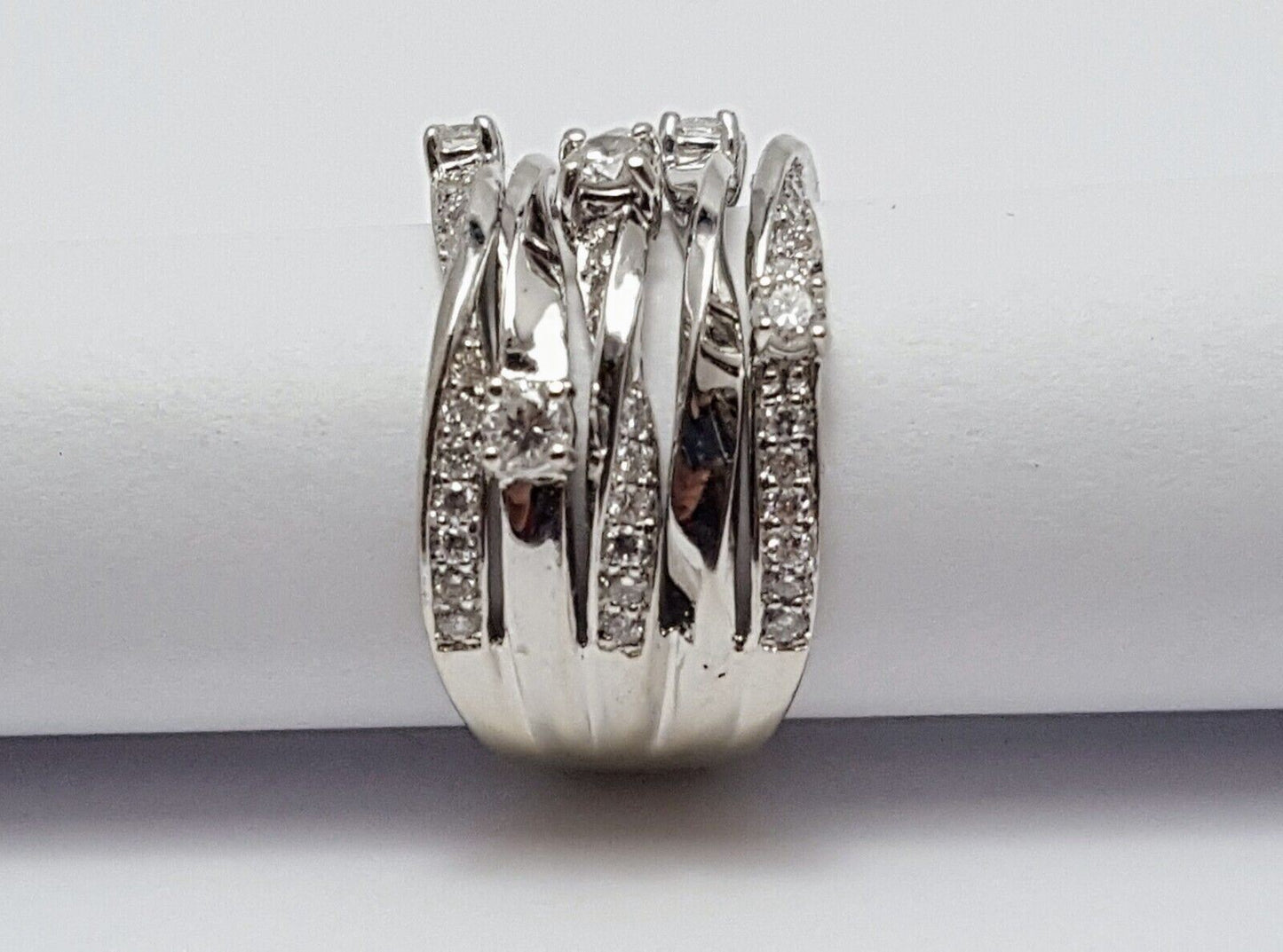 14K Solid White Gold Entwined Multi Layered Diamond Wide Ring