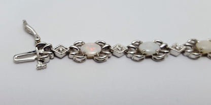 14K White Gold Designer Opal & Diamond Tennis Bracelet