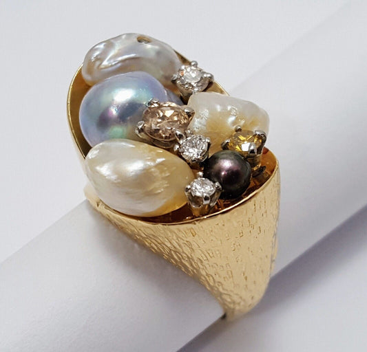 14K Solid Yellow Gold Treasure Basket Multi Color Pearl & Diamond Ring