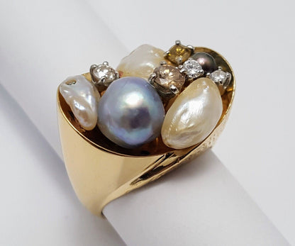 14K Solid Yellow Gold Treasure Basket Multi Color Pearl & Diamond Ring