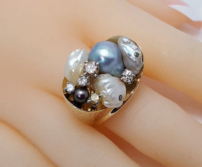 14K Solid Yellow Gold Treasure Basket Multi Color Pearl & Diamond Ring