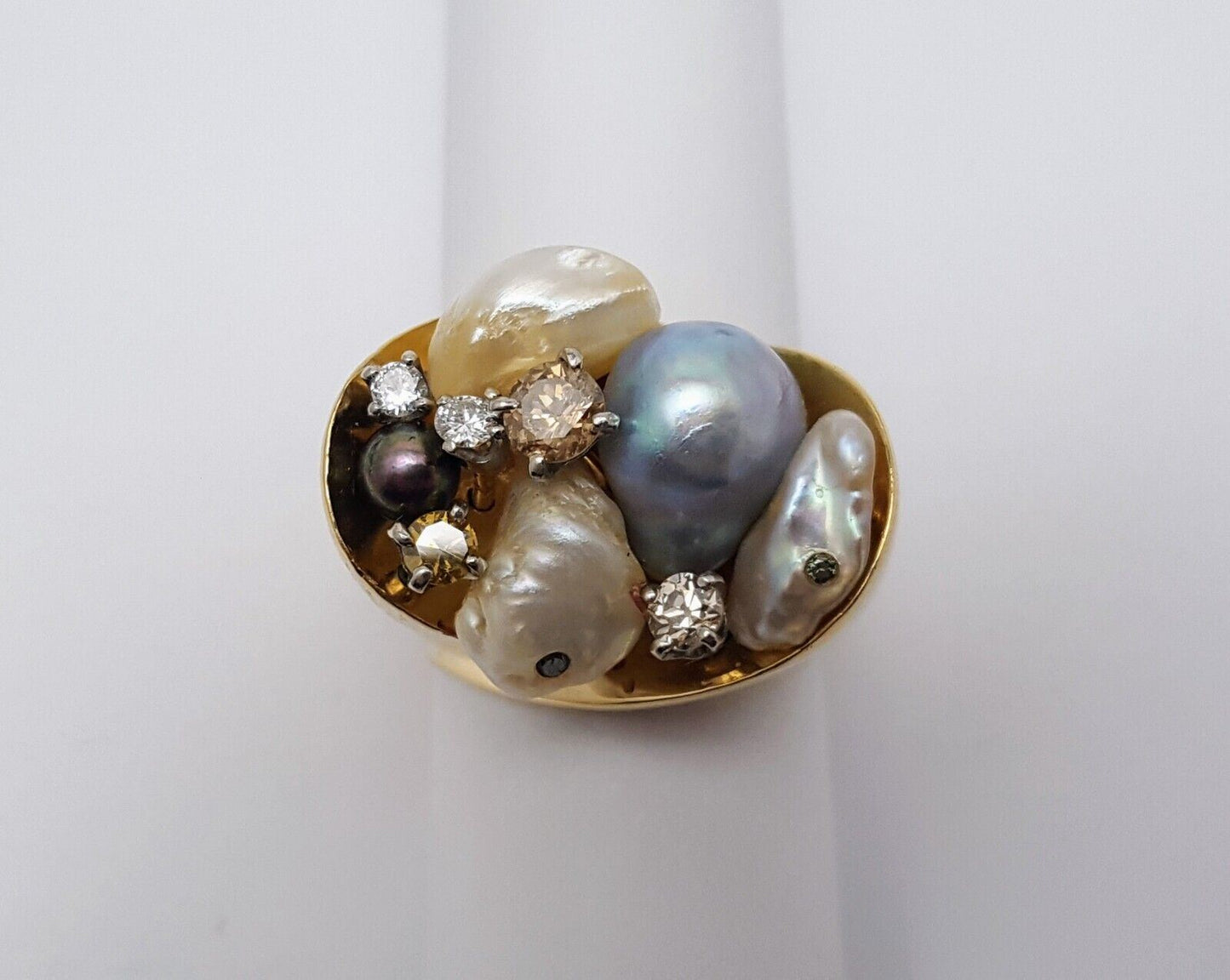 14K Solid Yellow Gold Treasure Basket Multi Color Pearl & Diamond Ring