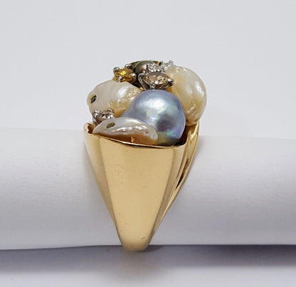 14K Solid Yellow Gold Treasure Basket Multi Color Pearl & Diamond Ring