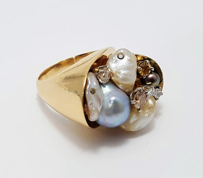 14K Solid Yellow Gold Treasure Basket Multi Color Pearl & Diamond Ring