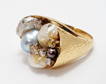 14K Solid Yellow Gold Treasure Basket Multi Color Pearl & Diamond Ring