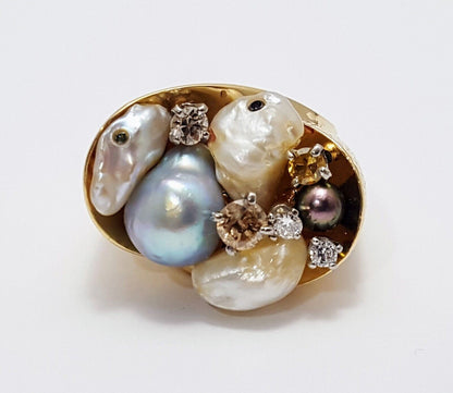 14K Solid Yellow Gold Treasure Basket Multi Color Pearl & Diamond Ring