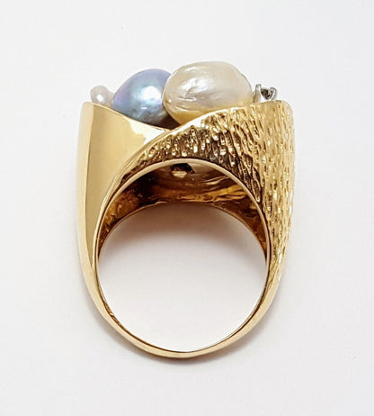 14K Solid Yellow Gold Treasure Basket Multi Color Pearl & Diamond Ring