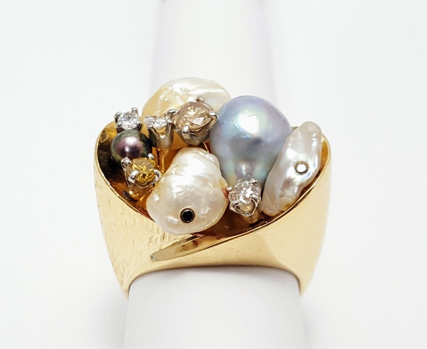 14K Solid Yellow Gold Treasure Basket Multi Color Pearl & Diamond Ring