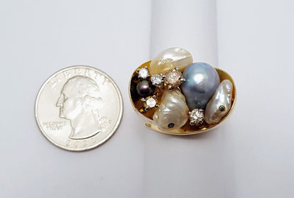 14K Solid Yellow Gold Treasure Basket Multi Color Pearl & Diamond Ring