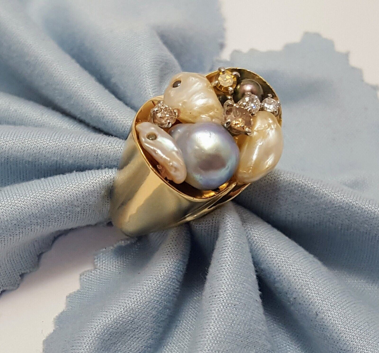 14K Solid Yellow Gold Treasure Basket Multi Color Pearl & Diamond Ring