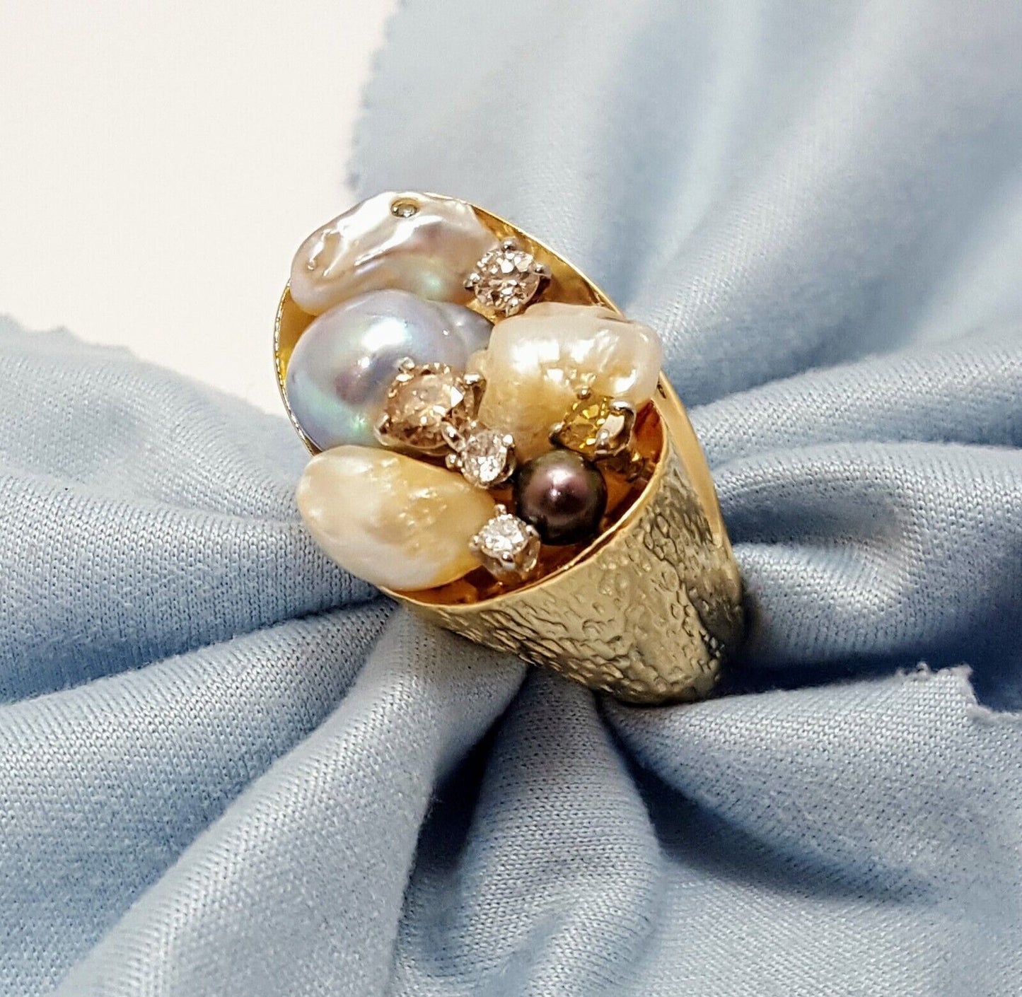 14K Solid Yellow Gold Treasure Basket Multi Color Pearl & Diamond Ring