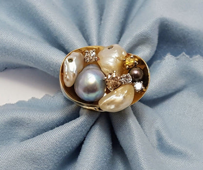 14K Solid Yellow Gold Treasure Basket Multi Color Pearl & Diamond Ring