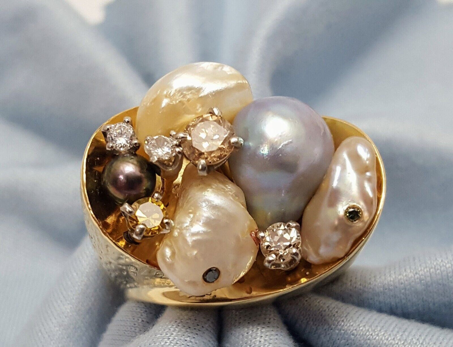 14K Solid Yellow Gold Treasure Basket Multi Color Pearl & Diamond Ring