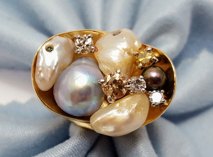 14K Solid Yellow Gold Treasure Basket Multi Color Pearl & Diamond Ring