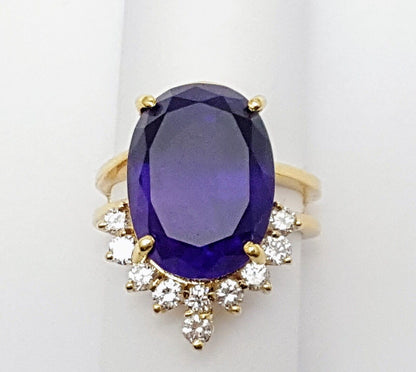 14K Karat Solid Yellow Gold Designer Oval Amethyst & Round Diamond Ring