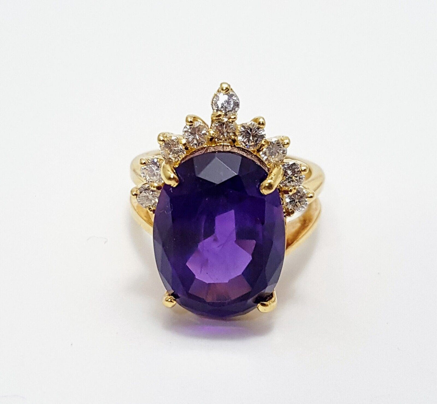 14K Karat Solid Yellow Gold Designer Oval Amethyst & Round Diamond Ring