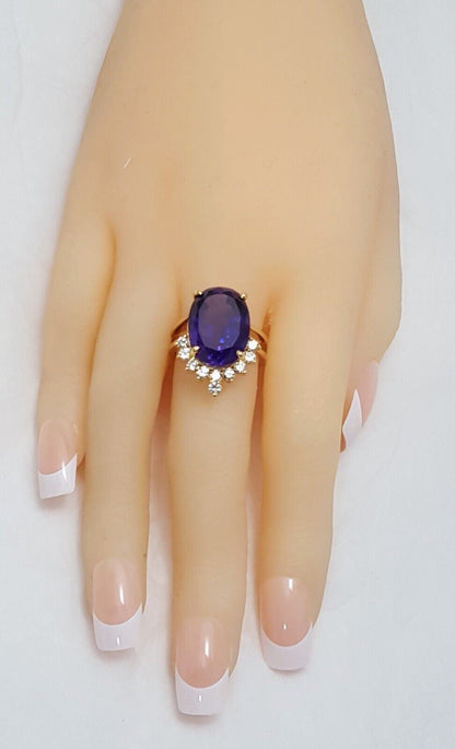 14K Karat Solid Yellow Gold Designer Oval Amethyst & Round Diamond Ring