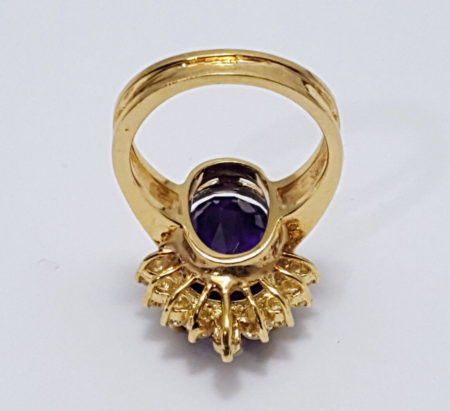 14K Karat Solid Yellow Gold Designer Oval Amethyst & Round Diamond Ring