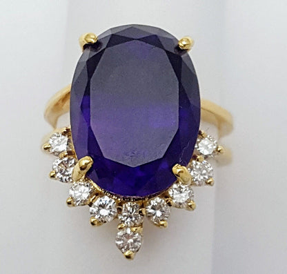 14K Karat Solid Yellow Gold Designer Oval Amethyst & Round Diamond Ring