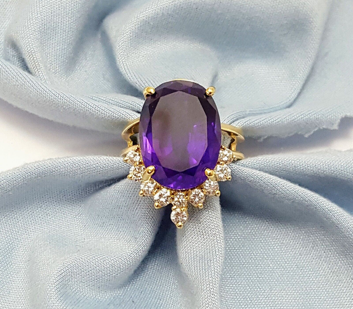 14K Karat Solid Yellow Gold Designer Oval Amethyst & Round Diamond Ring