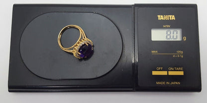 14K  Solid Yellow Gold Designer Large Oval Amethyst & Diamond Ring