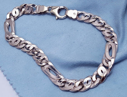 Unique 10K Karat Solid White Gold Custom Design Figaro Link Bracelet Italy Made