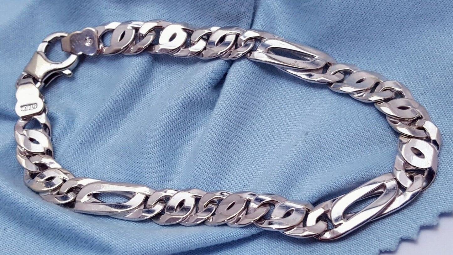 Unique 10K Karat Solid White Gold Custom Design Figaro Link Bracelet Italy Made