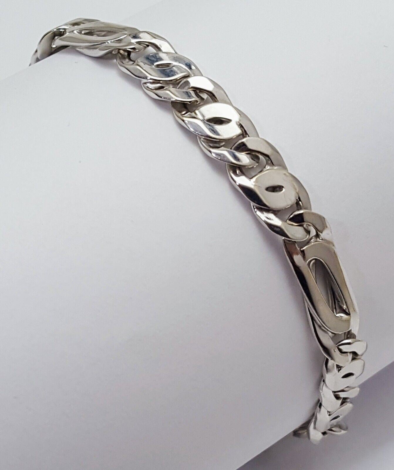 Unique 10K Karat Solid White Gold Custom Design Figaro Link Bracelet Italy Made