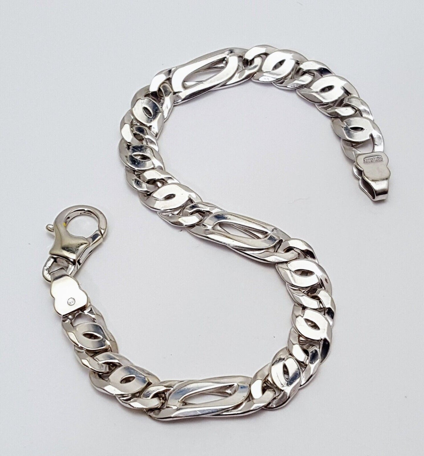 Unique 10K Karat Solid White Gold Custom Design Figaro Link Bracelet Italy Made