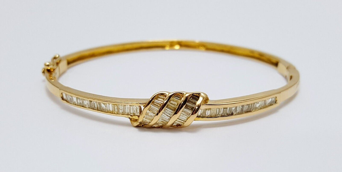 Elegant 14K Solid Yellow Gold Designer Spiral Baguette Diamond Bangle Bracelet