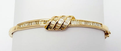 Elegant 14K Solid Yellow Gold Designer Spiral Baguette Diamond Bangle Bracelet