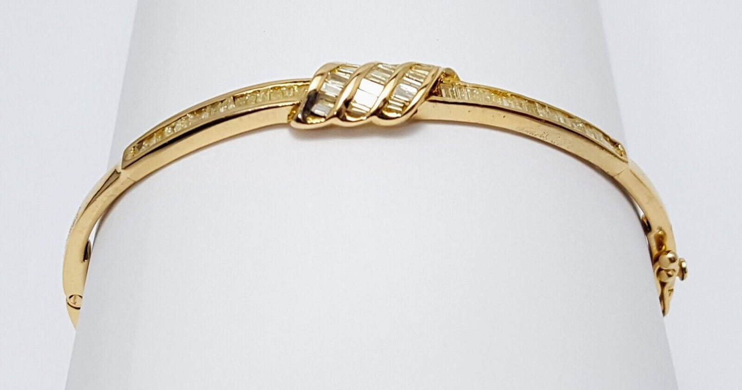 Elegant 14K Solid Yellow Gold Designer Spiral Baguette Diamond Bangle Bracelet