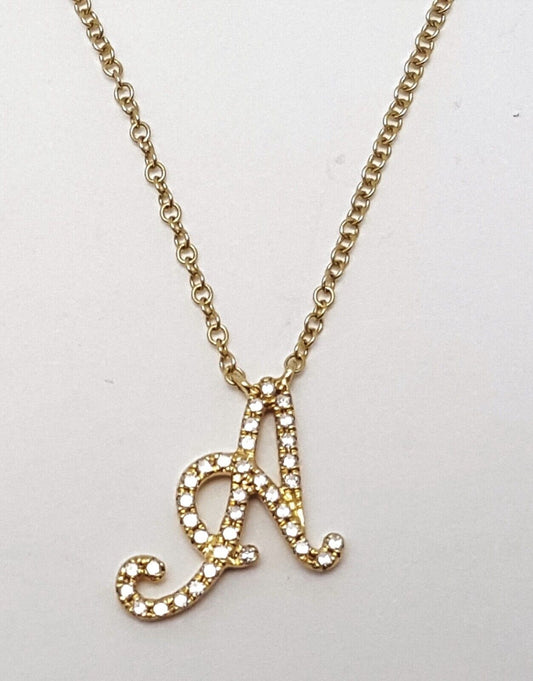14K Yellow Gold Link Chain Necklace with Diamond Letter A Charm Pendant